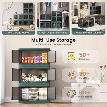 19Gal Collapsible Storage Bins with Lids & Wheels - 3 Pack Stackable with Doors, Heavy-Duty Plastic Containers for Home/Office, Green