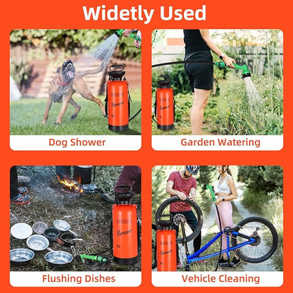 Finderomend 2.1 Gallon Portable Shower for Camping with 7 Spray Modes, Hand Press Camping Shower with Removable Hose and Shower Head,8L Pressure Rinse Kits for Hiking Traveling Garden Beach Pet Shower