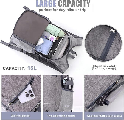 15L Hiking Backpack Small Travel Backpack Lightweight Packable Backpacks Casual Daypack for Women and Men, Light Grey