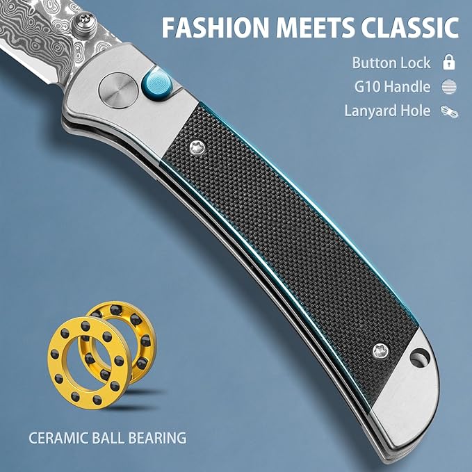 LOTHAR Falcon Damascus Pocket Knife, 2.98" VG10 Damascus Steel Blade EDC Knife, G10 Handle, Pocket Folding Knife with Clip, Button Lock Knife, Gifts Pocket Knife for Men Women