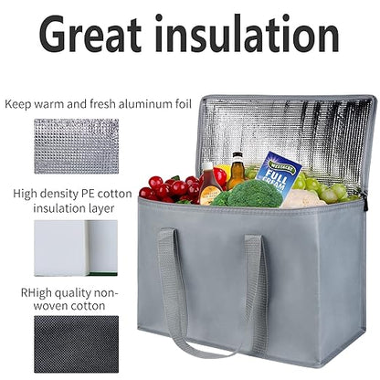 3-Pack XL-Large Insulated Grocery shopping bags, gray, Reusable, Heavy Duty, zipped zipper,Collapsible,tote,cooler,for men,women,,for car,Recycled Material Grey