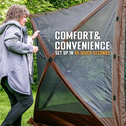 CLAM Pop Up Screen Tent, Outdoor Camping Gazebo Canopy, Adventure with Wind Panels, 9' x 9', Brown