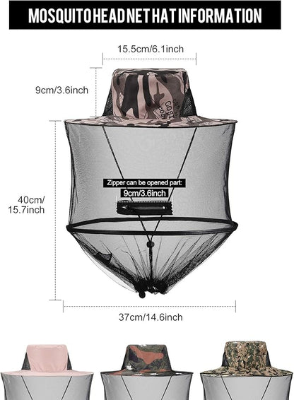 4 Pieces Mosquito Head Mesh Mosquito Cap Net Hat Face Cover with Zipper Foldable Fly Protection Netting Hat for Fishing Hiking Gardening, 4 Colors
