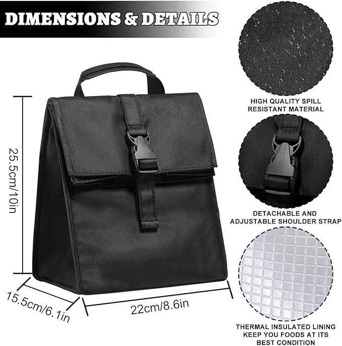 Insulated Foldable Lunch Bag- Lightweight Portable with Adjustable Shoulder Strap Lunch Box for Men, Women, Office, Work, Picnic, Hiking and Beach (Black(Soft Fabric))