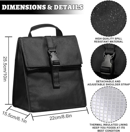 Insulated Foldable Lunch Bag- Lightweight Portable with Adjustable Shoulder Strap Lunch Box for Men, Women, Office, Work, Picnic, Hiking and Beach (Black(Soft Fabric))