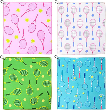 4 Pcs Tennis Towel 15 x 17 Inch Soft Tennis Prints Towels Absorbent Fast Drying Funny Tennis Towel with Carabiner Clip Tennis Hand Towels Tennis Gift for Women Men Team Sports Tennis Accessories