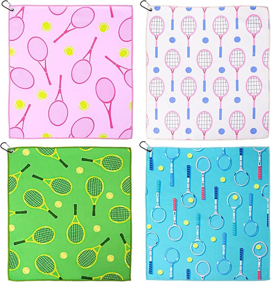 4 Pcs Tennis Towel 15 x 17 Inch Soft Tennis Prints Towels Absorbent Fast Drying Funny Tennis Towel with Carabiner Clip Tennis Hand Towels Tennis Gift for Women Men Team Sports Tennis Accessories