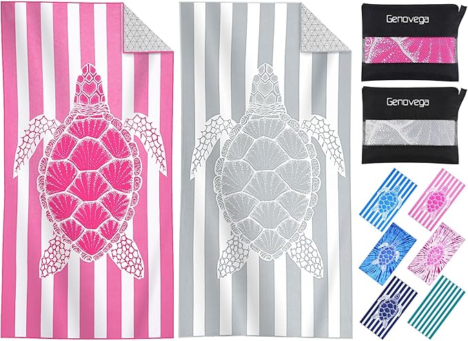 2 Packs Microfiber Oversized Lightweight Thin Beach Towel Sandproof Compact Quick Dry Clearance Towels Extra Large Sand Free Pool Travel Beach Essentials Accessories Women Adult Gift Pink Grey Turtle