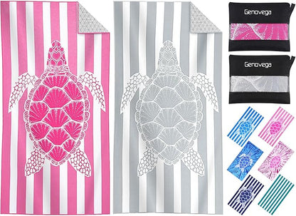 2 Packs Microfiber Oversized Lightweight Thin Beach Towel Sandproof Compact Quick Dry Clearance Towels Extra Large Sand Free Pool Travel Beach Essentials Accessories Women Adult Gift Pink Grey Turtle