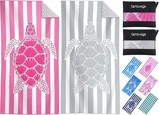 2 Packs Microfiber Oversized Lightweight Thin Beach Towel Sandproof Compact Quick Dry Clearance Towels Extra Large Sand Free Pool Travel Beach Essentials Accessories Women Adult Gift Pink Grey Turtle