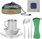 Camping Cutlery Set, 8 Piece Stainless Steel Cutlery Set Including Cutlery Spoons Mug Bowls & Plates Rags, Organizer Straps Easy to Carry for Backpacking, Camping, Hiking and Picnics