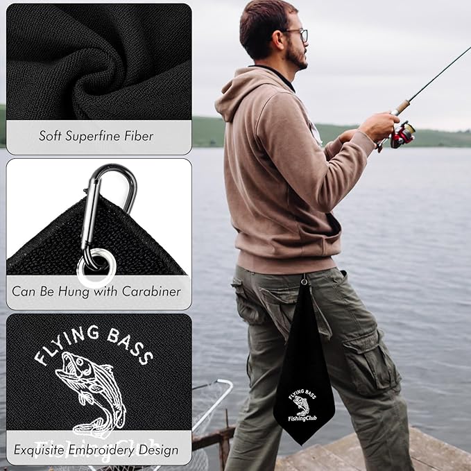 3 Pack Microfiber Fishing Towels with Clip 16’ x 16’ Camping Towel Black Hiking Towels Boat Towels Bait Towel Golf Towel For Man Women Camper Club Effective Cleaning of Fishing Gears Dirty Hands Body