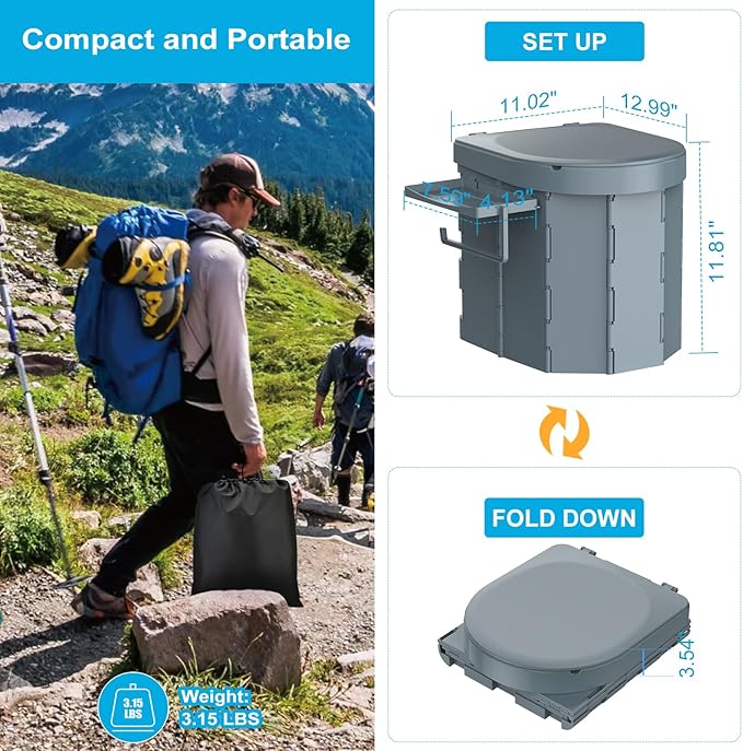 Portable Camping Toilet, Foldable Toilet for Adults with Detachable Phone Shelf and Toilet Paper Holder, Waterproof Porta Potty with Lid for Camping, Hiking, RV Travel, Road Trips