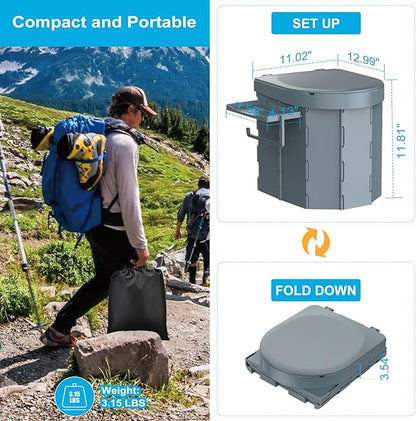 Portable Camping Toilet, Foldable Toilet for Adults with Detachable Phone Shelf and Toilet Paper Holder, Waterproof Porta Potty with Lid for Camping, Hiking, RV Travel, Road Trips