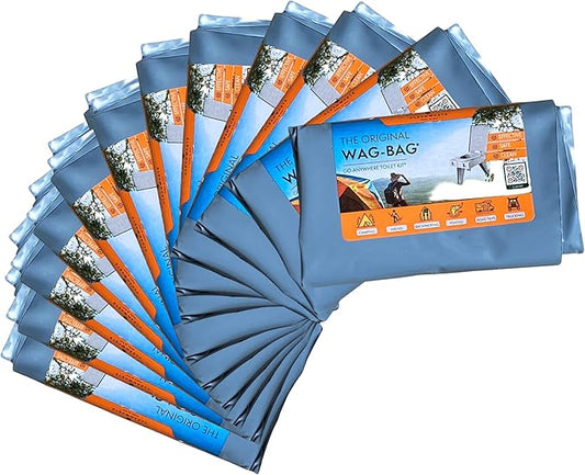 12 Pack GO Anywhere Lightweight Portable Toilet Refill Kit for Camping, Hiking, Backpacking w/ 12 Toilet Waste Kits (Waste Bag with Poo Powder, Zip-Close Storage Bag, Toilet Paper & Moist Towelette)