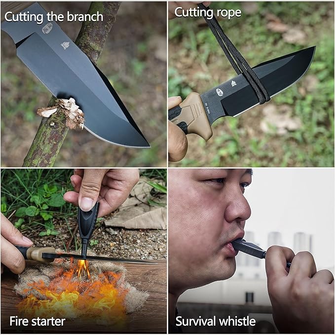 HX OUTDOORS Extra Sharp Bushcraft Knife with Fire Starter, Premium D2 Steel Fixed Blade Survival Camping Knife with Plastic Sheath for Outdoor, Hiking, Backpacking (Brown)