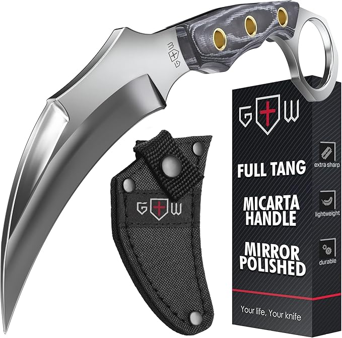 Tactical Karambit Knife with Sheath - Micarta Handle - Fixed Mirror Polished 440C Steel Blade - Small Karambits for Camping Hunting Survival EDC for Men and Women - Fathers Day Gift 2534