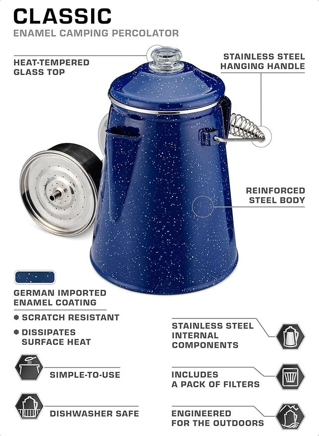 COLETTI Classic Percolator Coffee Pot — Camping Coffee Percolator, Campfire Coffee Pot – Camping Percolator for Groups — Brew for the Whole Campsite (Blue, 18 Cup)