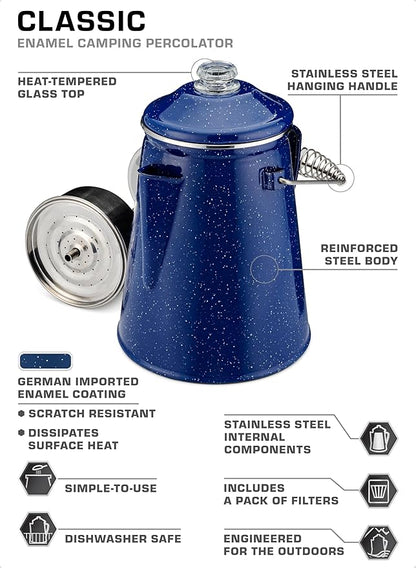 COLETTI Classic Percolator Coffee Pot — Camping Coffee Percolator, Campfire Coffee Pot – Camping Percolator for Groups — Brew for the Whole Campsite (Blue, 18 Cup)