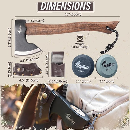 15" Camping Hatchet Axe - Camping Axe with 1045 High Carbon Steel - Hatchet Axe with Sheath - Bushcraft Axe with Handle - Splitting Hatchet for Chopping Wood - Hatchet Axe for Camping
