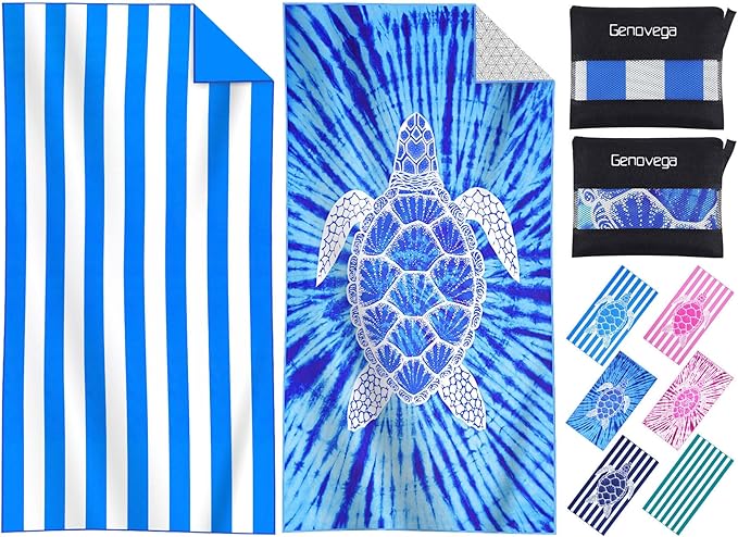 2 Packs Microfiber Oversized Lightweight Thin Beach Towel Sandproof Compact Quick Dry Clearance Towels Extra Large Sand Free Travel Beach Essentials Accessories Women Adult Gift Blue Stripe Vortex