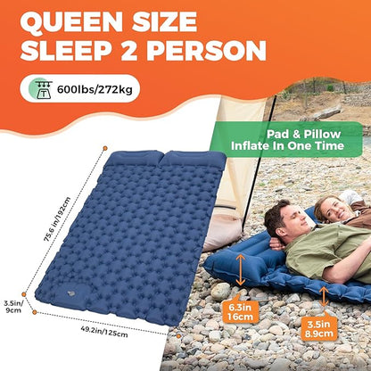 KingCamp Self Inflating Camping Mattress with Built-in Foot Pump, Connectable Durable Inflatable Sleeping Mat with Pillow, Compact Camping Air Mattress for Hiking