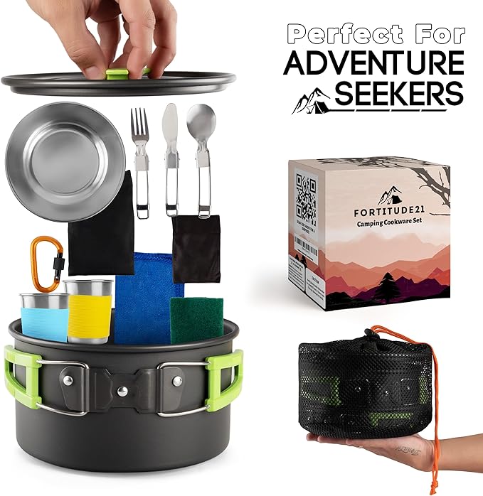 19 pcs Camping Gear Must Haves, Camping Cooking Set, Campfire Cooking Equipment, Camp Kitchen, Camping Cookware Set, Camping Pots and Pans Set, Camping Pans, Outdoor Camping Mess Kit