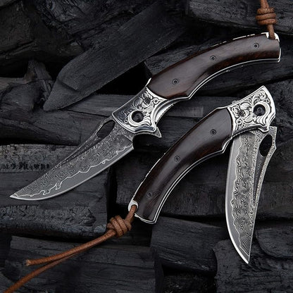 3.5in handmade japanese vg10 damascus steel blade folding pocket knife for men and women,leather sheath,ebony wood handle,liner lock,edc outdoor knives for camping