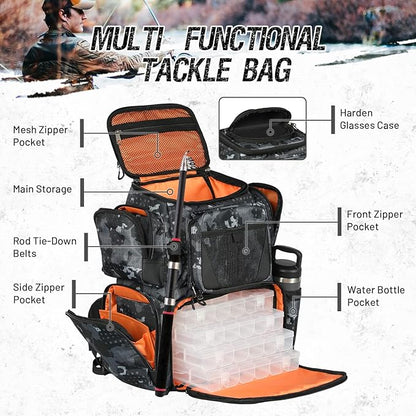 48L Large Fishing Tackle Backpack With Rod Holders, 4 Tackle Box, Protective Rain Cover - Water Resistant Storage Bag for Camping, Hiking, Hunting