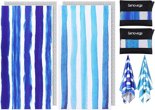 2 Pack Microfiber Oversized Beach Towel Lightweight Thin Sandproof Compact Quick Dry Clearance Towels Extra Large Sand Free Pool Travel Beach Essentials Accessories Women Men Adult Gift Blue Stripe
