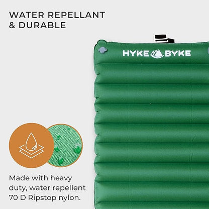 Hyke & Byke Appalachian Inflatable Sleeping Pad for Camping and Backpacking - WR 70 D Ripstop Nylon Fabric - 76 x 24 in - Long - Gray Green