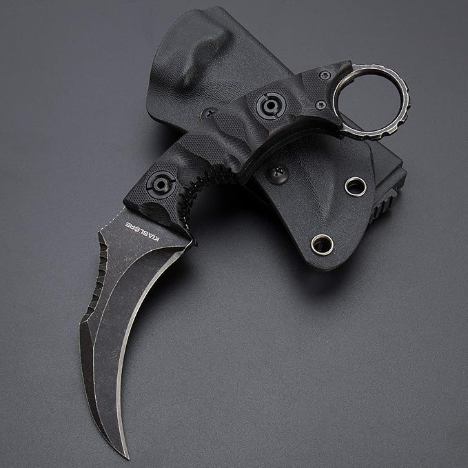 1911K Tactical Knife Fixed Blade Teeth Knife D2 curved Blade & G10 Handle for Outdoor Survival, Camping, Bushcraft and Hunting, with Sheath (Stonewashed, 180)