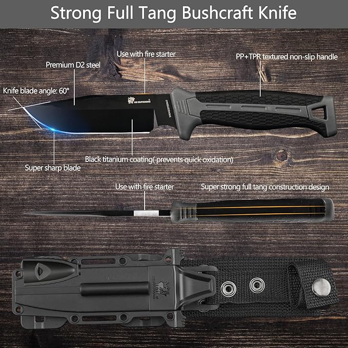 HX OUTDOORS Extra Sharp Bushcraft Knife with Fire Starter, Premium D2 Steel Fixed Blade Survival Camping Knife with Plastic Sheath for Outdoor, Hiking, Backpacking(Black)