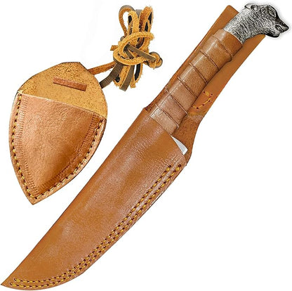 2-Piece Viking knife Set - 10.3" Wolf-Head Viking Knife with 6.5" Blade & Leather Sheath - 3" Celtic Pocket Knife with Necklace Case - Sharp Hand-Forged Real Carbon Steel