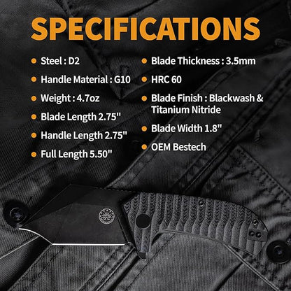 Off-Grid Knives - Raptor EDC Folding Knife with Tumbled Black D2 Steel, Grippy G10, Bearings, Deep Carry Left & Right, Hawkbill Tip, Stout Everyday Carry