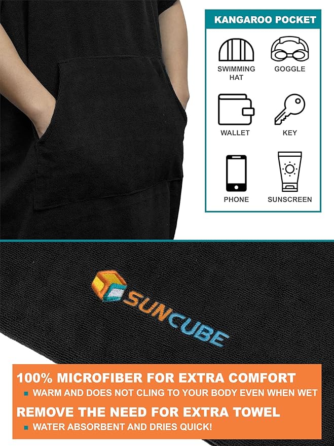 SUN CUBE Surf Poncho Changing Robe with Hood | Quick Dry Microfiber Wetsuit Changing Towel with Pocket for Surfing Men Women