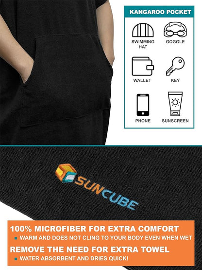 SUN CUBE Surf Poncho Changing Robe with Hood | Quick Dry Microfiber Wetsuit Changing Towel with Pocket for Surfing Men Women