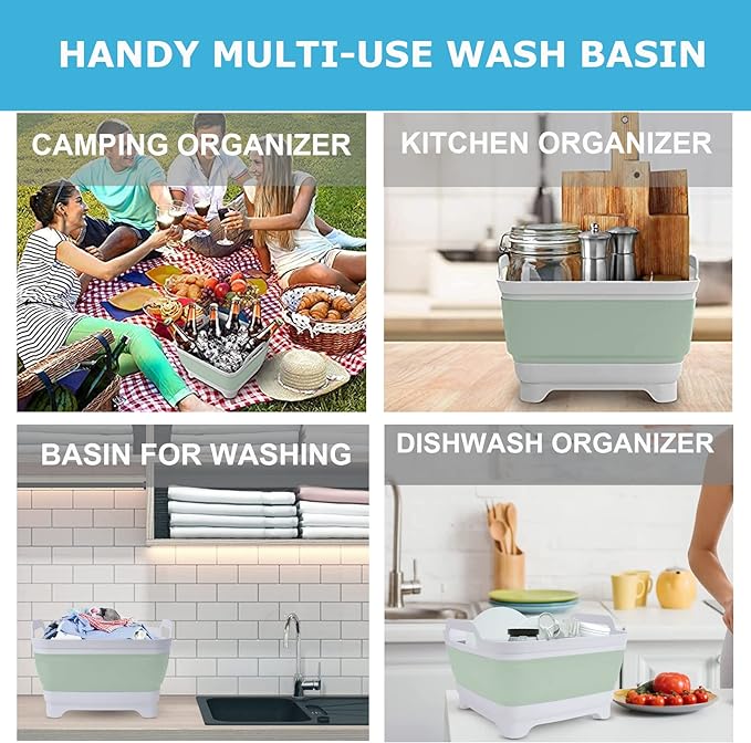 Dishpan for Washing Dishes,9L Collapsible Dish Tub Portable Sink,Wash Dish Basin,Foldable Laundry Tub,Washing Basin with Drain Plug,Dishpan for Kitchen Sink,Camping Dish Washing Tub,Green