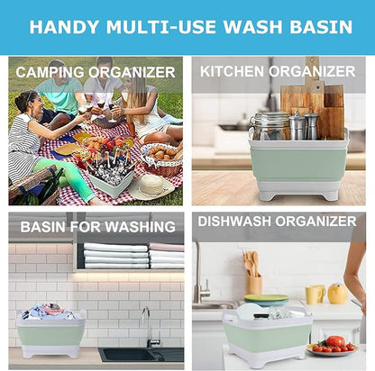 Dishpan for Washing Dishes,9L Collapsible Dish Tub Portable Sink,Wash Dish Basin,Foldable Laundry Tub,Washing Basin with Drain Plug,Dishpan for Kitchen Sink,Camping Dish Washing Tub,Green