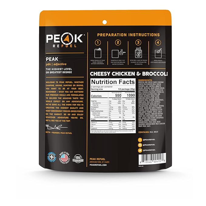Peak Refuel Cheesy Chicken & Broccoli | 2 Serving Pouch | Freeze Dried Backpacking and Camping Meals | Amazing Taste | Quick Prep Food (Case Pack)
