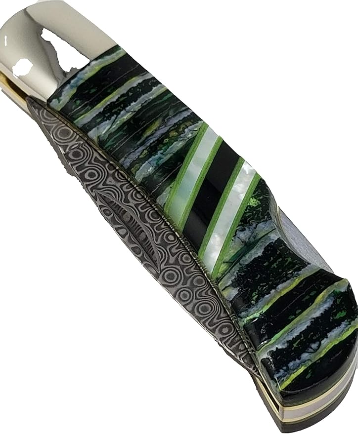 3" Custom Handmade Green G10 and Fossilized Stone Handle on Demascus lockback
