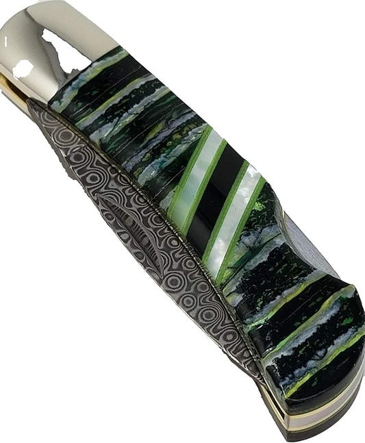 3" Custom Handmade Green G10 and Fossilized Stone Handle on Demascus lockback