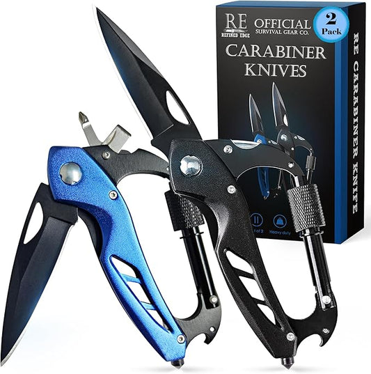 2-Pack Outdoor Carabiner Multitool, Carabiner Knife, EDC Pocket Knife Survival Gear with Glass Breaker