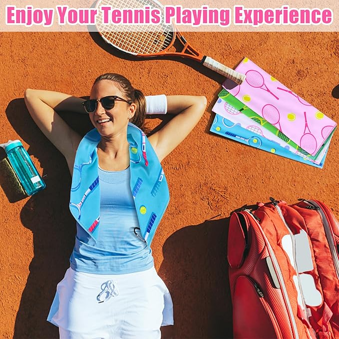 4 Pcs Tennis Towel 15 x 17 Inch Soft Tennis Prints Towels Absorbent Fast Drying Funny Tennis Towel with Carabiner Clip Tennis Hand Towels Tennis Gift for Women Men Team Sports Tennis Accessories