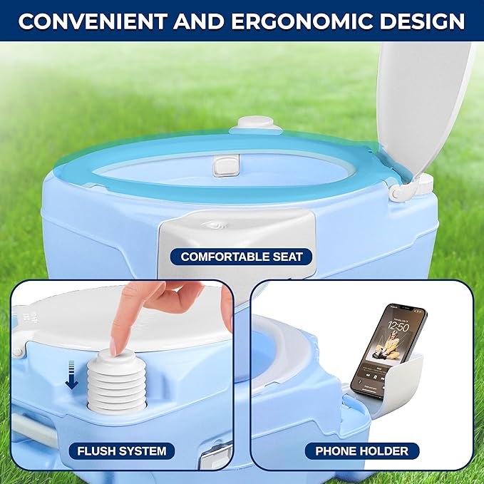 SereneLife 20L Portable Camping Toilet, 120 Flushes, Leak-Proof, Made from Durable PE Material, Detachable Waste Tank with Hand Sprayer and Phone Holder, Ideal for On-the-Go Recreational Activities
