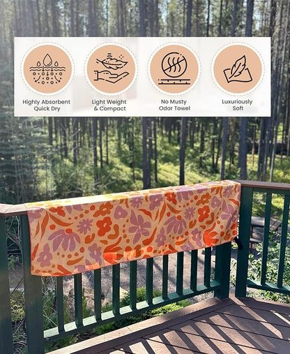 Beach & Travel Towel Set-Compact & Absorbent Microfiber Towel-Large Beach Towel- Recycled Material. (Purple Flower, Flora)