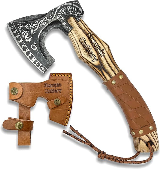 13" Custom Handmade Carbon Steel Viking Axe Real Hatchet, Norse Viking Axe, Throwing Axe, Best Gift for him, Leather Wrapped Handle and Leather Sheath (Valknut Axe)