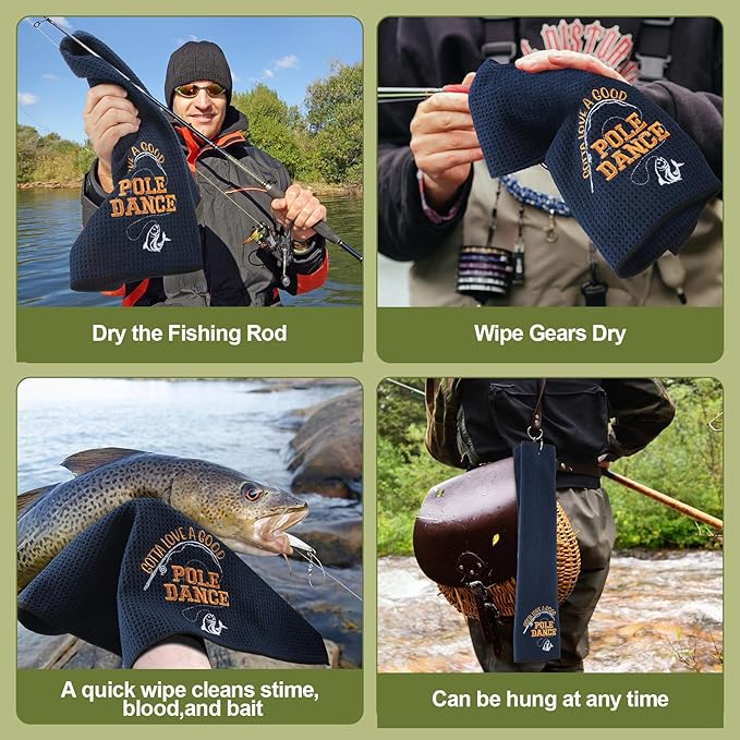 4 Pcs Microfiber Fishing Towels with Clip Waffle Pattern Bait Towels for Effective Cleaning of Fishing Gears or Dirty Hands 16''x24'' Funny Embroidered Towel for Fly Fishing Kayaking Hiking