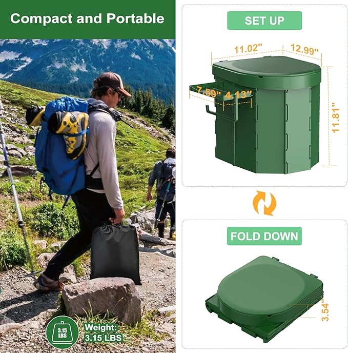 Portable Camping Toilet, Foldable Toilet for Adults with Detachable Phone Shelf and Toilet Paper Holder, Waterproof Porta Potty with Lid for Camping, Hiking, RV Travel, Road Trips