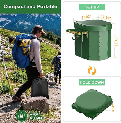 Portable Camping Toilet, Foldable Toilet for Adults with Detachable Phone Shelf and Toilet Paper Holder, Waterproof Porta Potty with Lid for Camping, Hiking, RV Travel, Road Trips